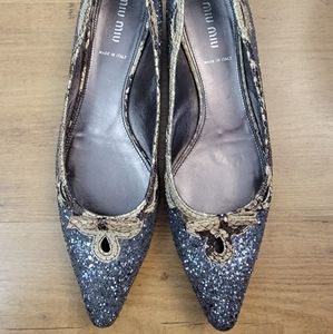 miu miu Silver Glitter Pointed Ballet Flats
